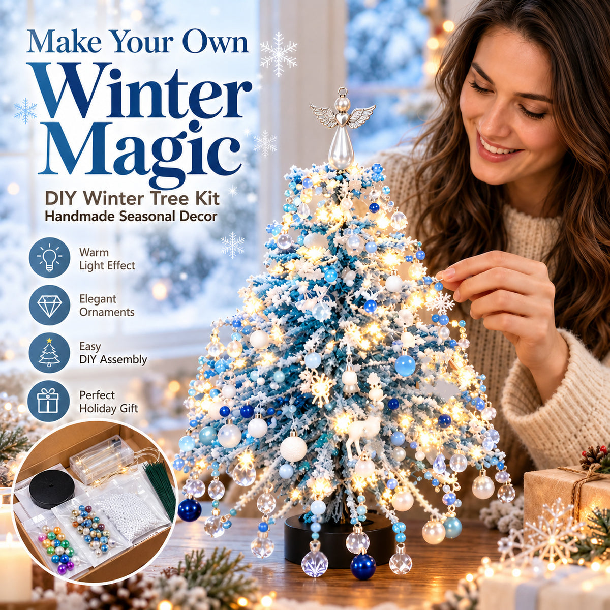 DIY Beaded Winter Magic Set Craft Kit with LED Lights, Handmade Holiday Tabletop Decor