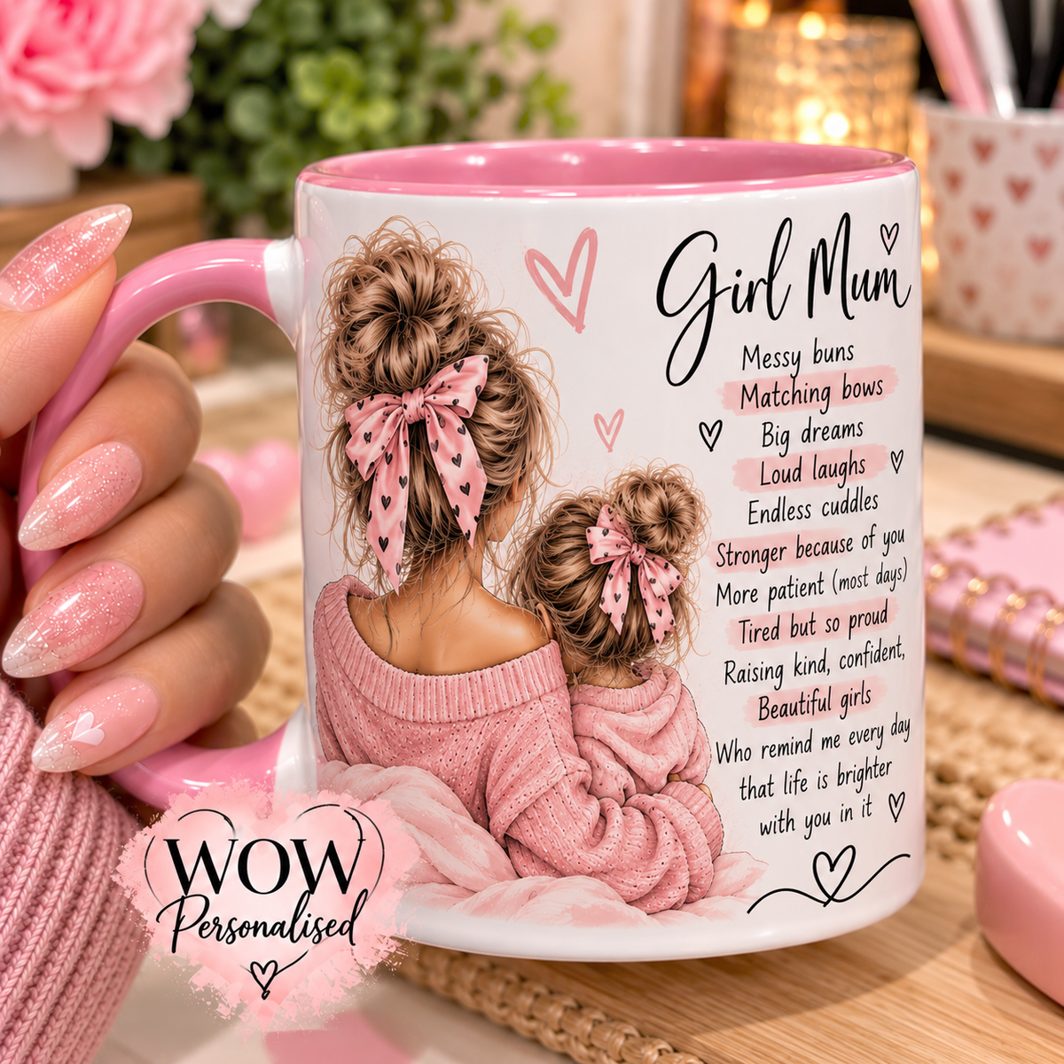 Girl Mum Mug 11oz | Messy Buns & Matching Bows Coffee Cup | Cute Motherโs Day & Birthday Gift for Girl Mums