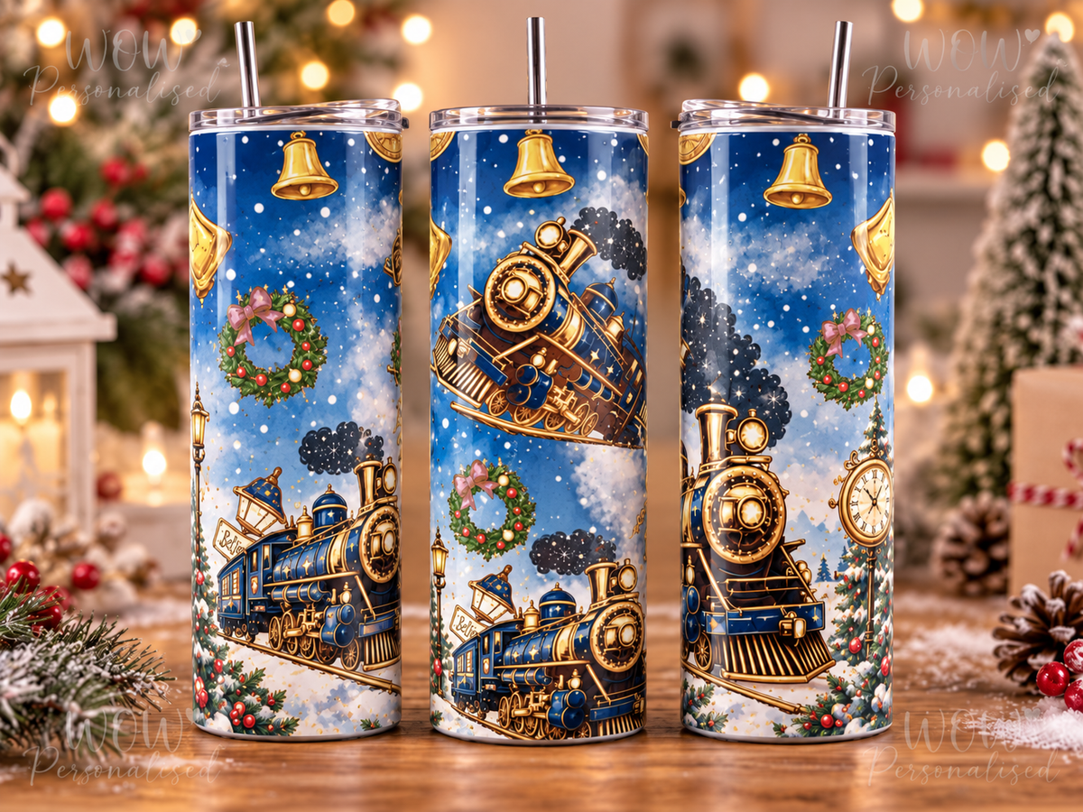Blue Christmas Train 20oz Skinny Tumbler | Festive Travel Cup
