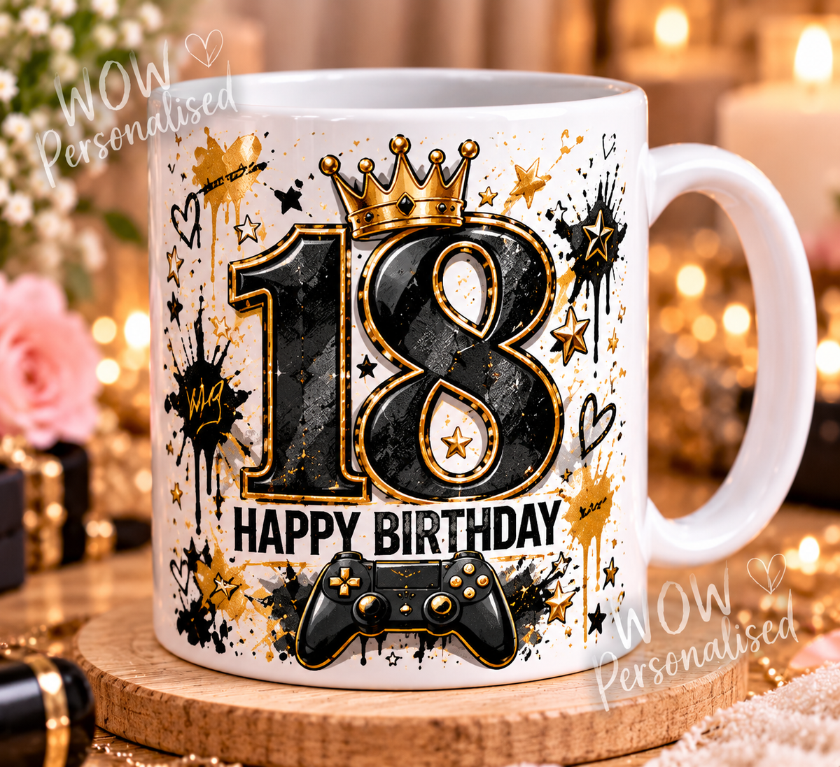 18th Birthday Gaming Mug | Black & Gold Gamer Design | 11oz Ceramic Mug | 18th Birthday Gift for Him or Her