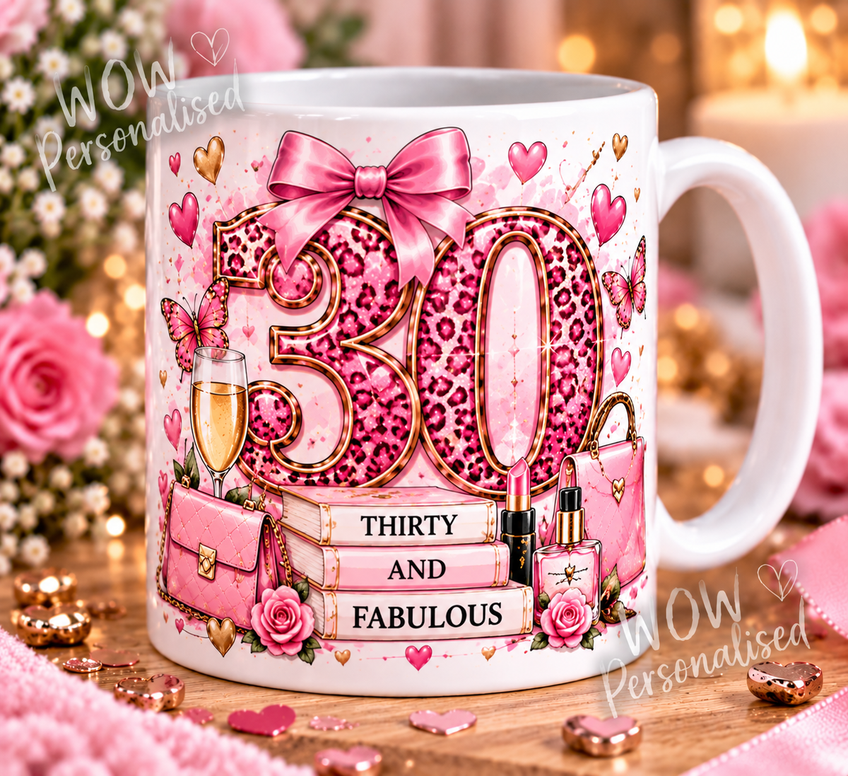 30th Birthday Mug for Her | Pink Leopard Print & Bow Design | Thirty and Fabulous | 11oz Ceramic Birthday Gift