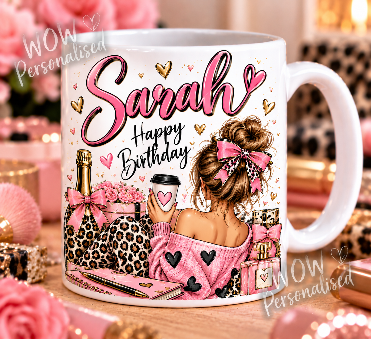 Personalised Birthday Mug for Her | Pink Bow & Leopard Print Girl Design | Any Name | 11oz Ceramic Cup | Birthday Gift for Women