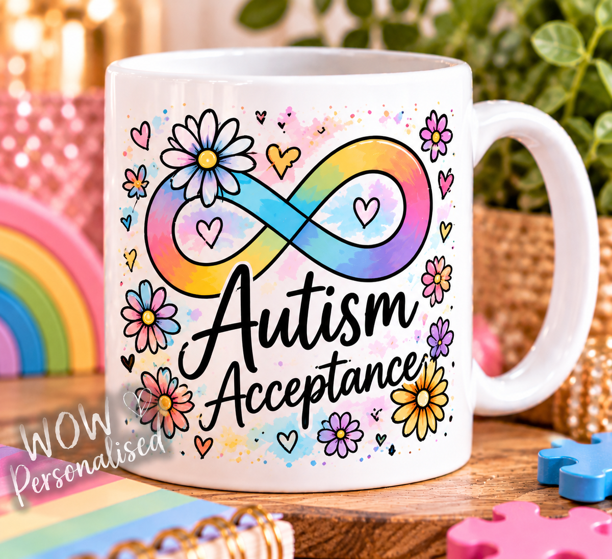 Autism Acceptance Mug | Rainbow Infinity Symbol & Flowers | Neurodiversity Awareness Gift | 11oz Ceramic Coffee Cup