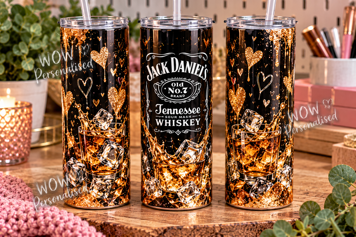 Jack Daniel's Inspired 20oz Skinny Tumbler | Black & Gold Whiskey Design | Whiskey Lover Gift | WOW Personalised
