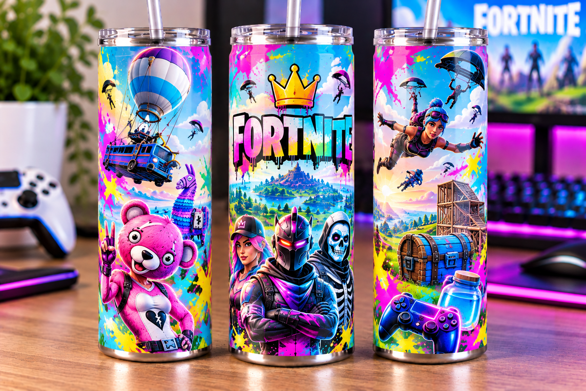 Fortnite Inspired 20oz Skinny Tumbler | Colourful Battle Royale Gaming Design | Bright Pink, Blue & Yellow Gamer Gift