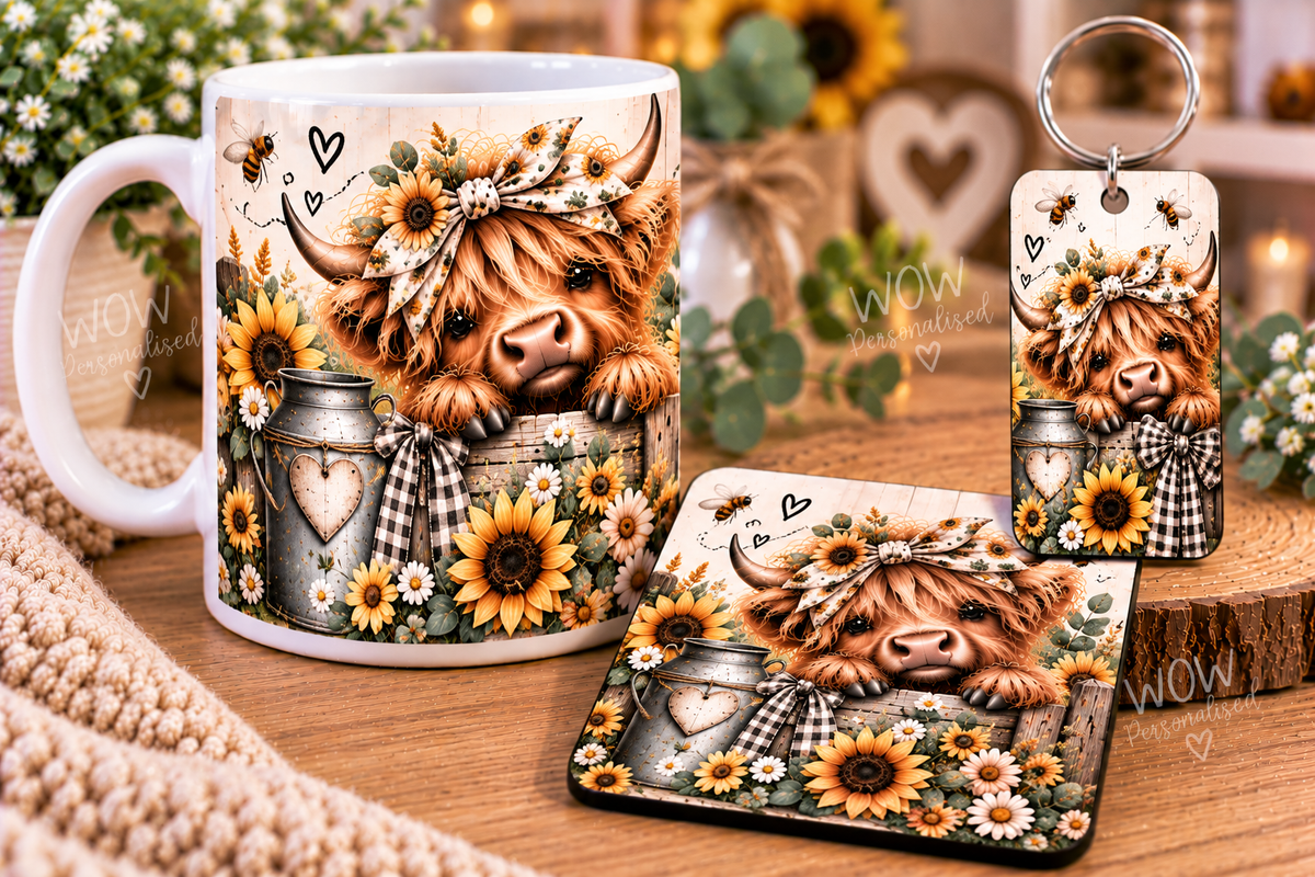 Highland Cow Matching Gift Set | Mug, Coaster & Keyring | Sunflower Design