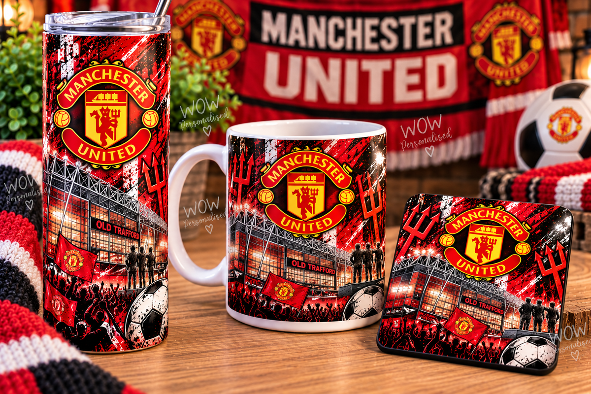Manchester United Inspired Gift Set | 20oz Skinny Tumbler, Mug & Coaster