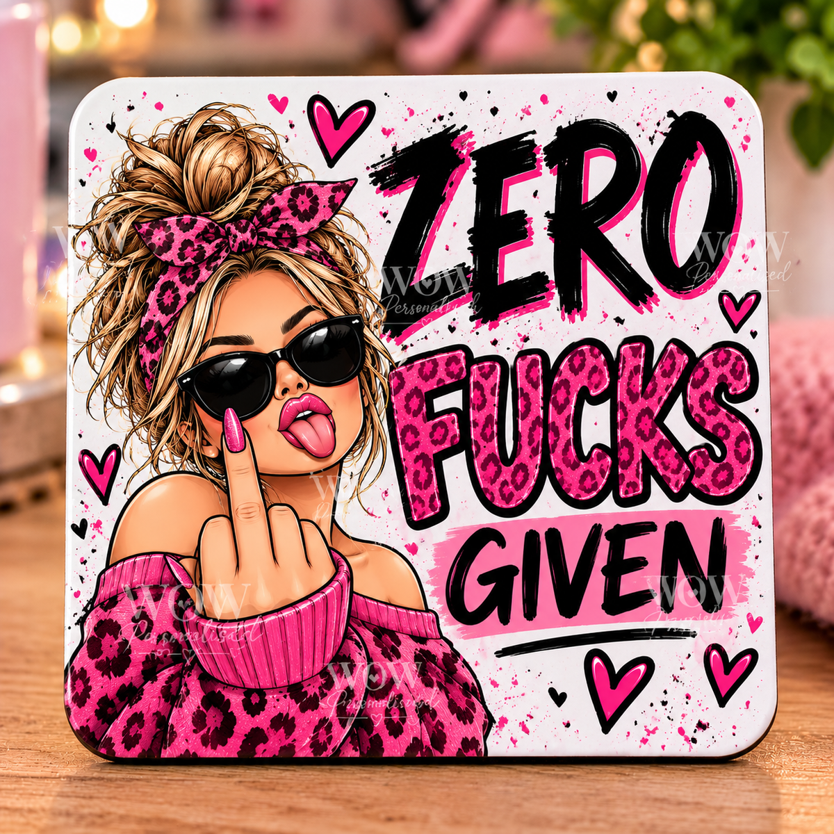 Zero Fucks Given Funny Rude Coaster | Pink Leopard Print Square Coaster | 18+ Adult Humour Gift