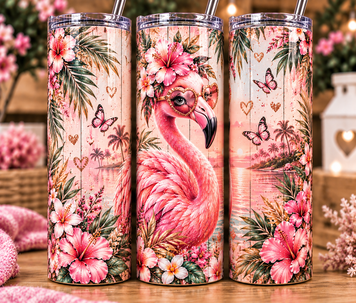 Cute Pink Flamingo 20oz Skinny Tumbler | Tropical Floral Cup with Straw