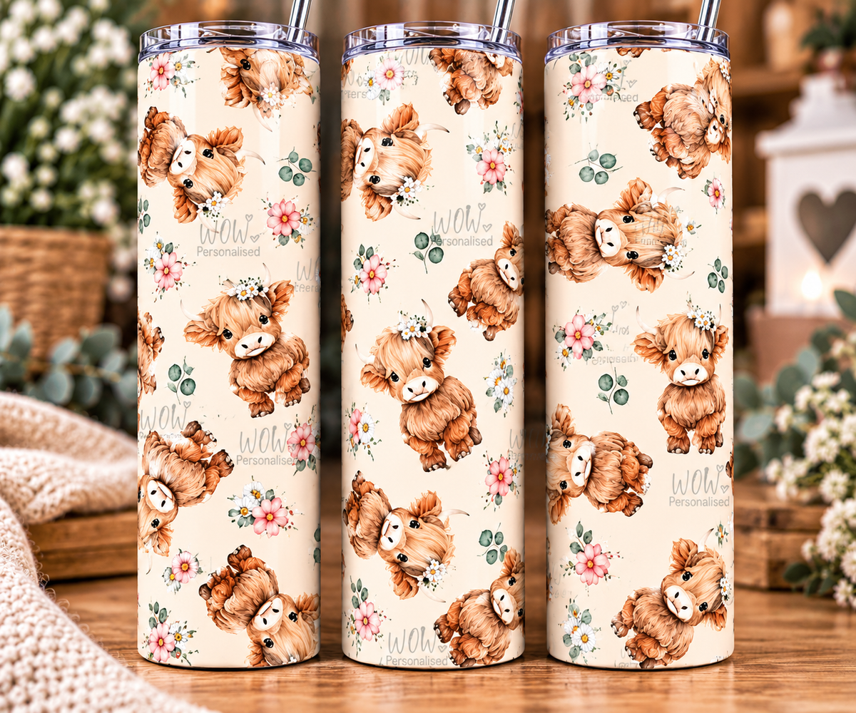 Cute Mini Highland Cow 20oz Skinny Tumbler | Floral Baby Cow Cup with Straw