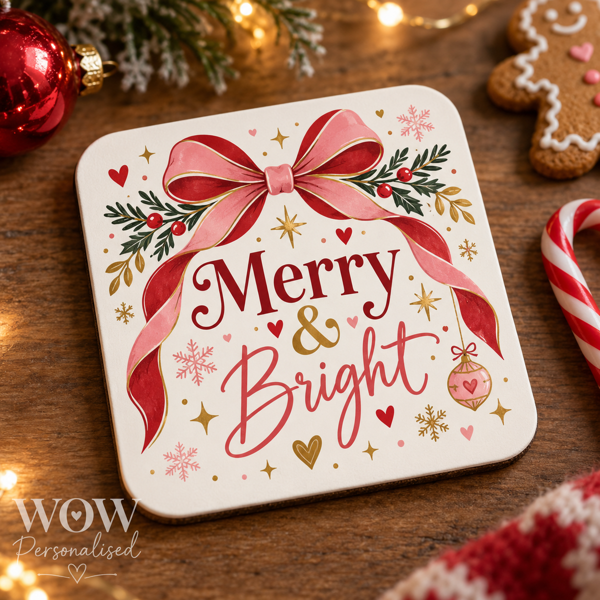 Merry & Bright Christmas Coaster | Pink Festive Bow Coaster | Christmas Gift