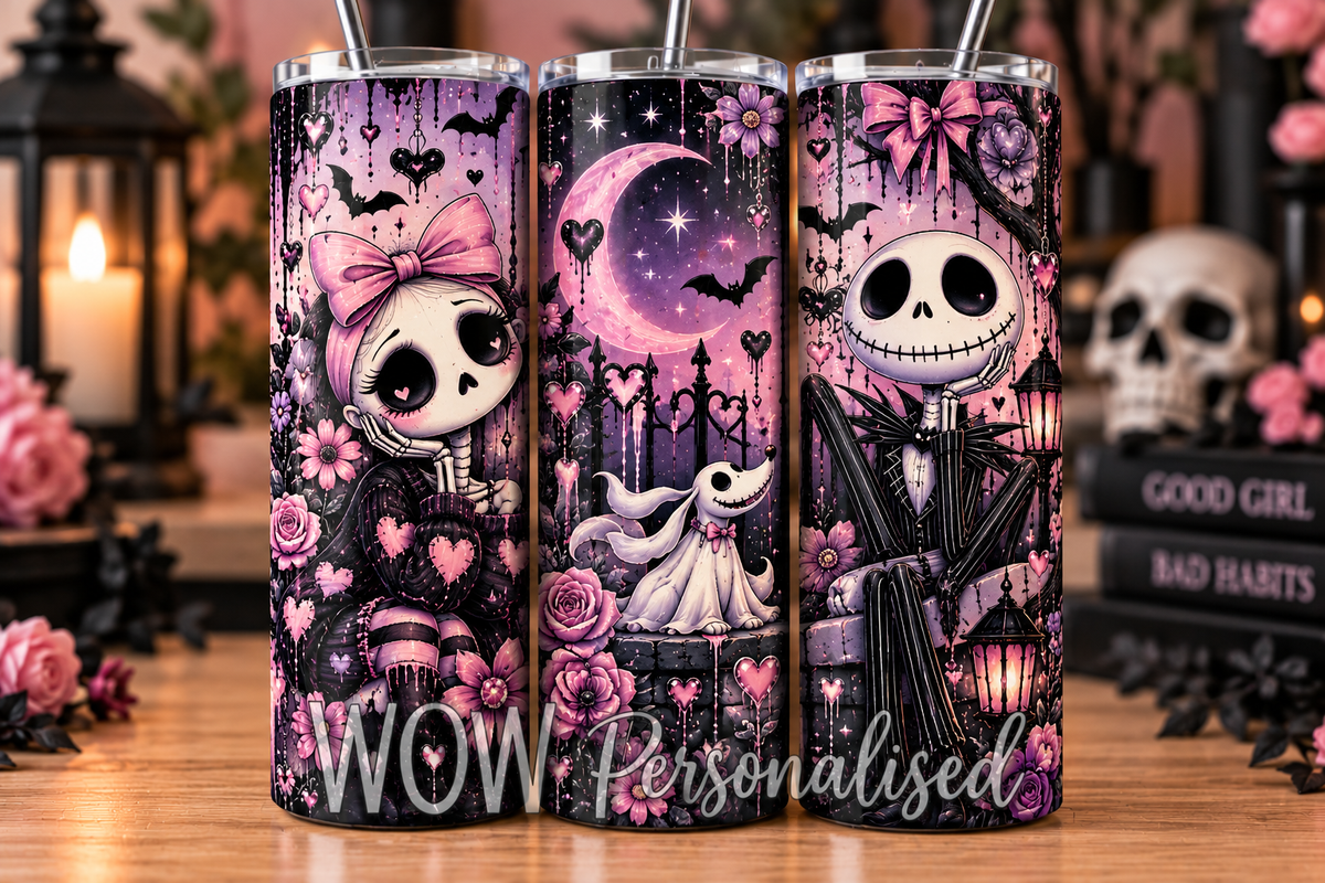Cute Gothic Skeleton 20oz Skinny Tumbler | Pink & Black Pastel Goth Design