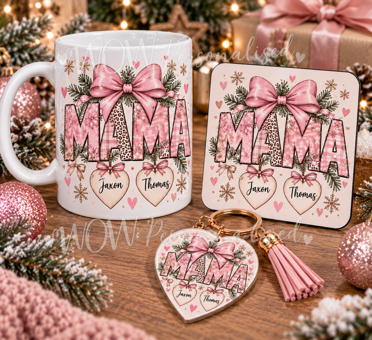Personalised Mama Christmas Gift Set | Mug, Coaster & Heart Keyring | Childrenโs Names