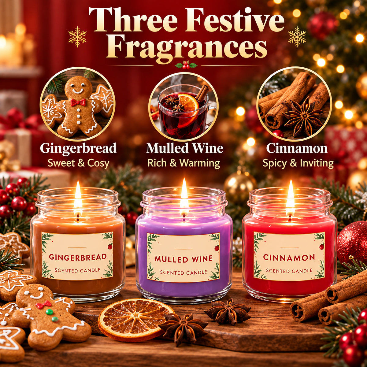 Christmas Scented Candle Gift Set 3 Jar Candles Gingerbread Cinnamon Mulled Wine