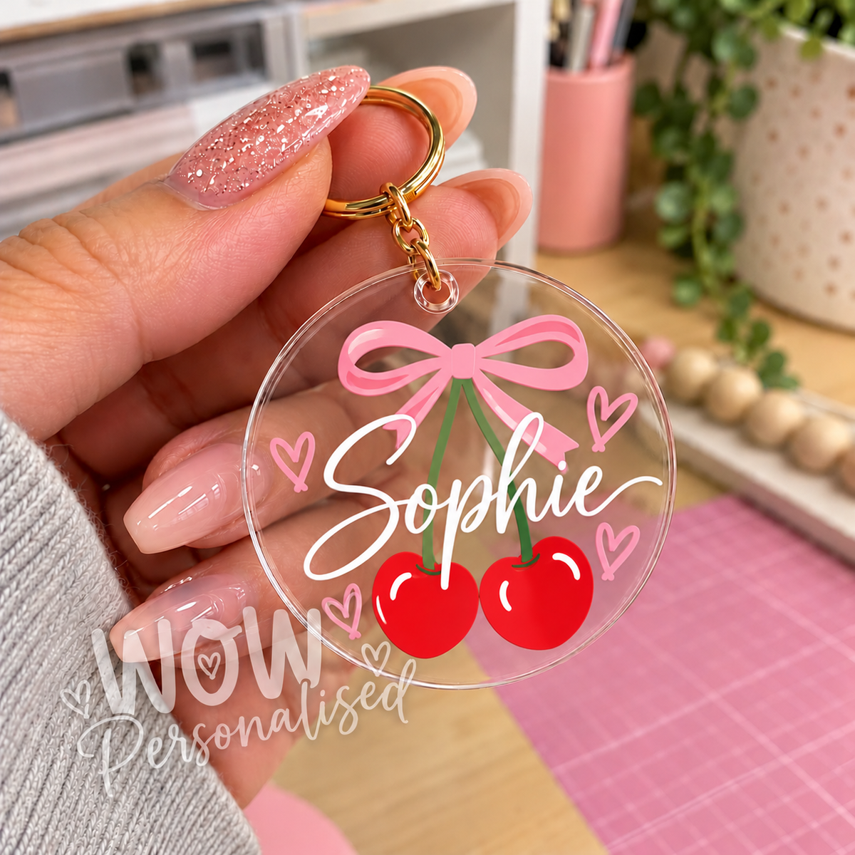Personalised Cherry Bow Acrylic Keyring with Name | Cute Custom Keychain Gift