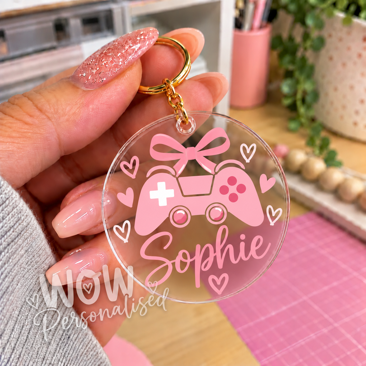Personalised Pink Gamer Acrylic Keyring with Name | Gaming Controller Keychain Gift