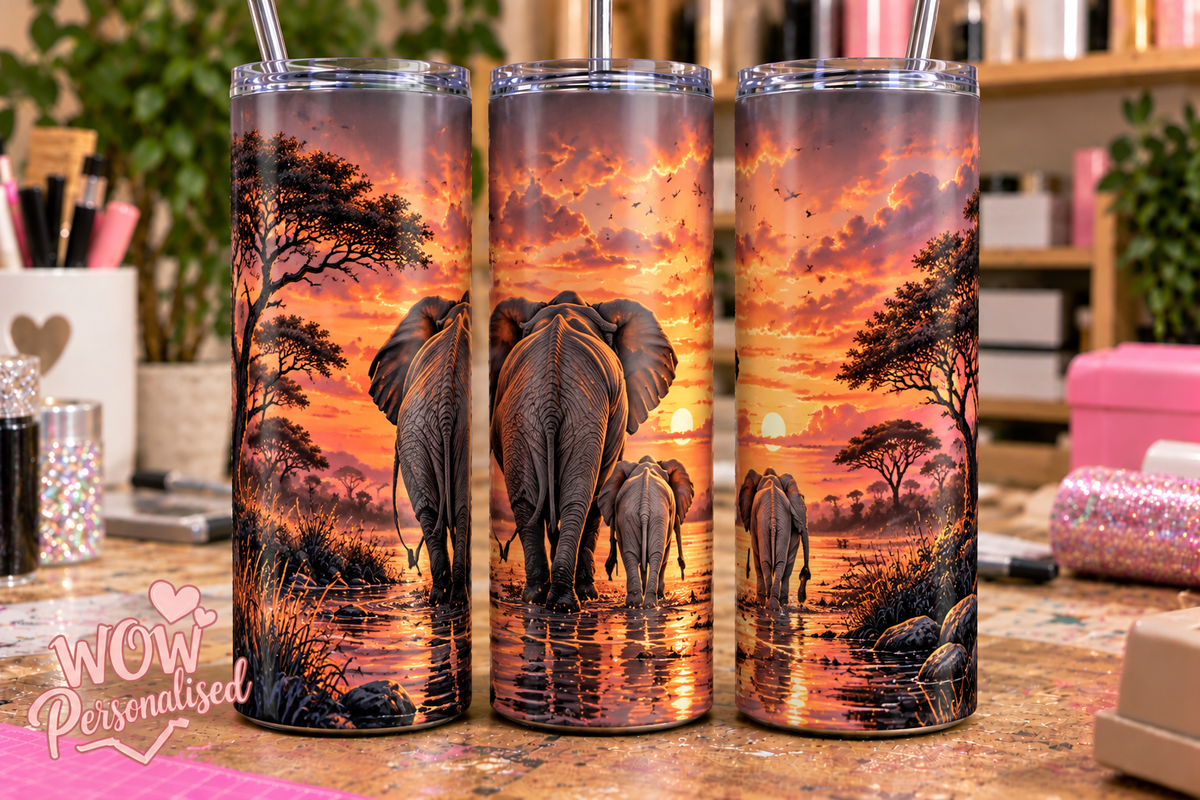 Elephant Family Sunset 20oz Skinny Tumbler | African Safari Wildlife Cup with Straw