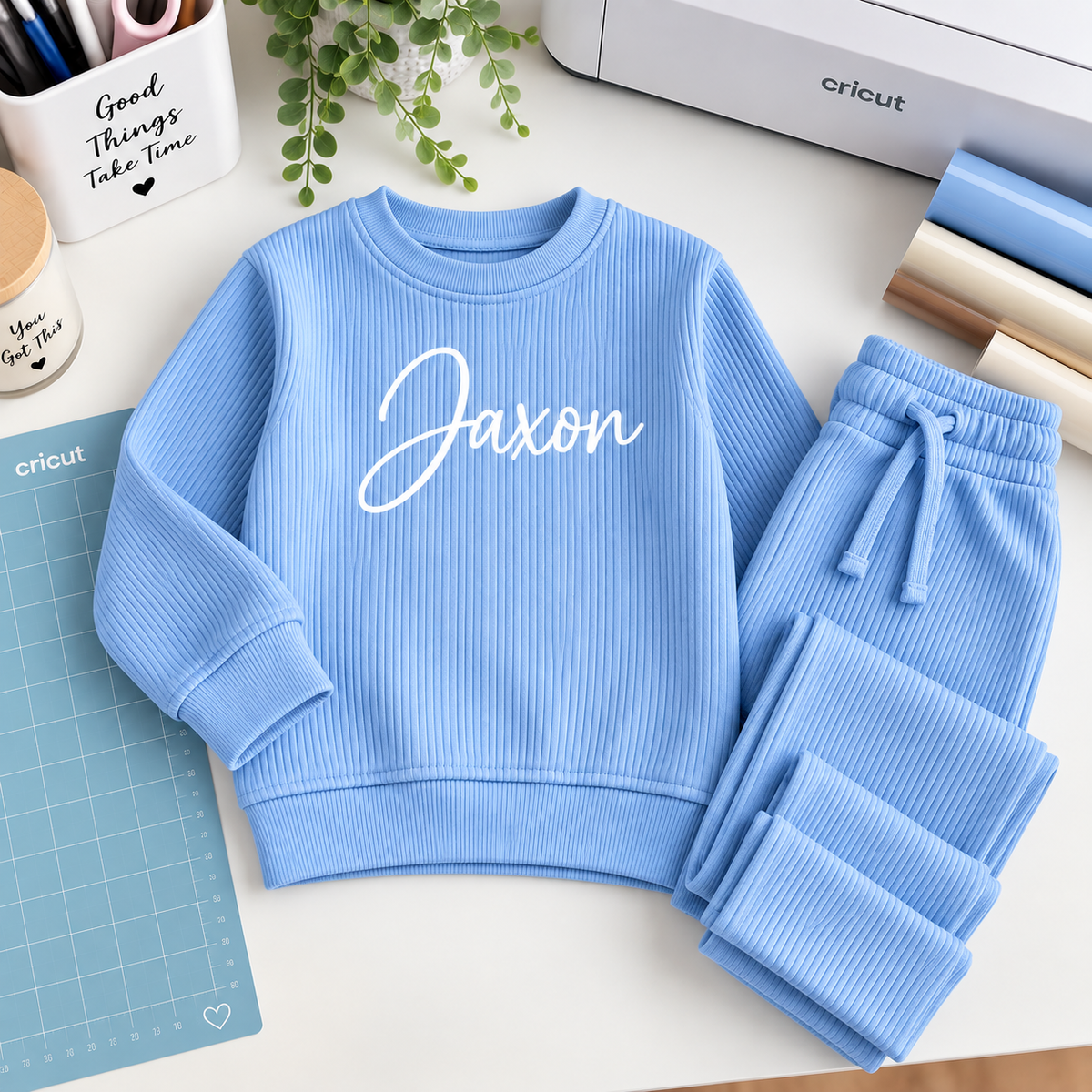 Personalised Kids Ribbed Lounge Set – Custom Name Two Piece Outfit