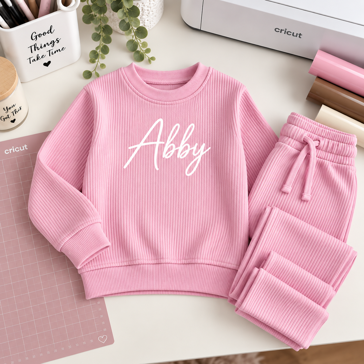 Personalised Kids Ribbed Lounge Set – Custom Name Two Piece Outfit