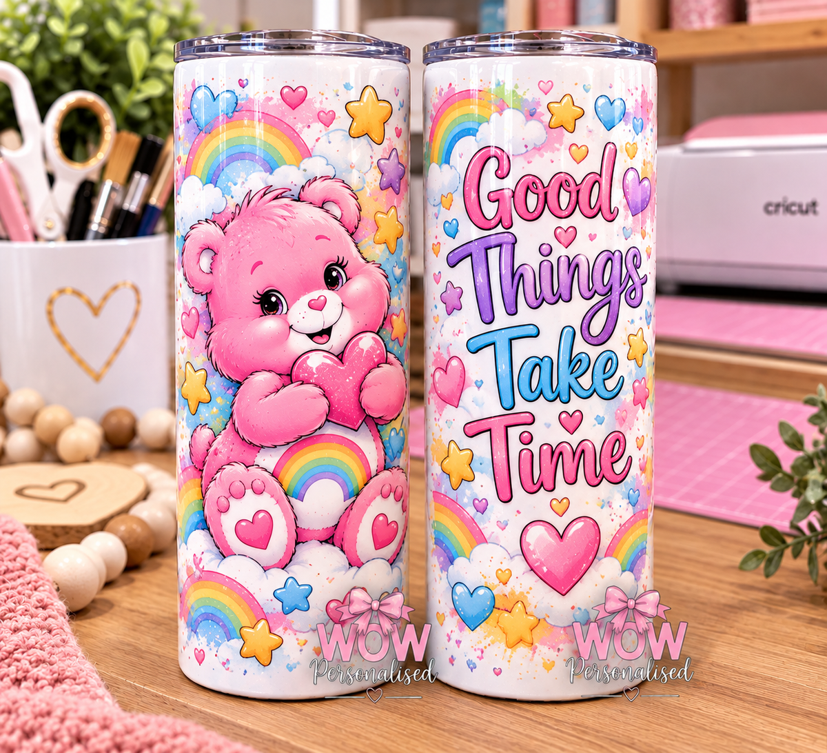Cute Pink Rainbow Bear 20oz Skinny Tumbler | Good Things Take Time | Pastel Rainbow Travel Cup