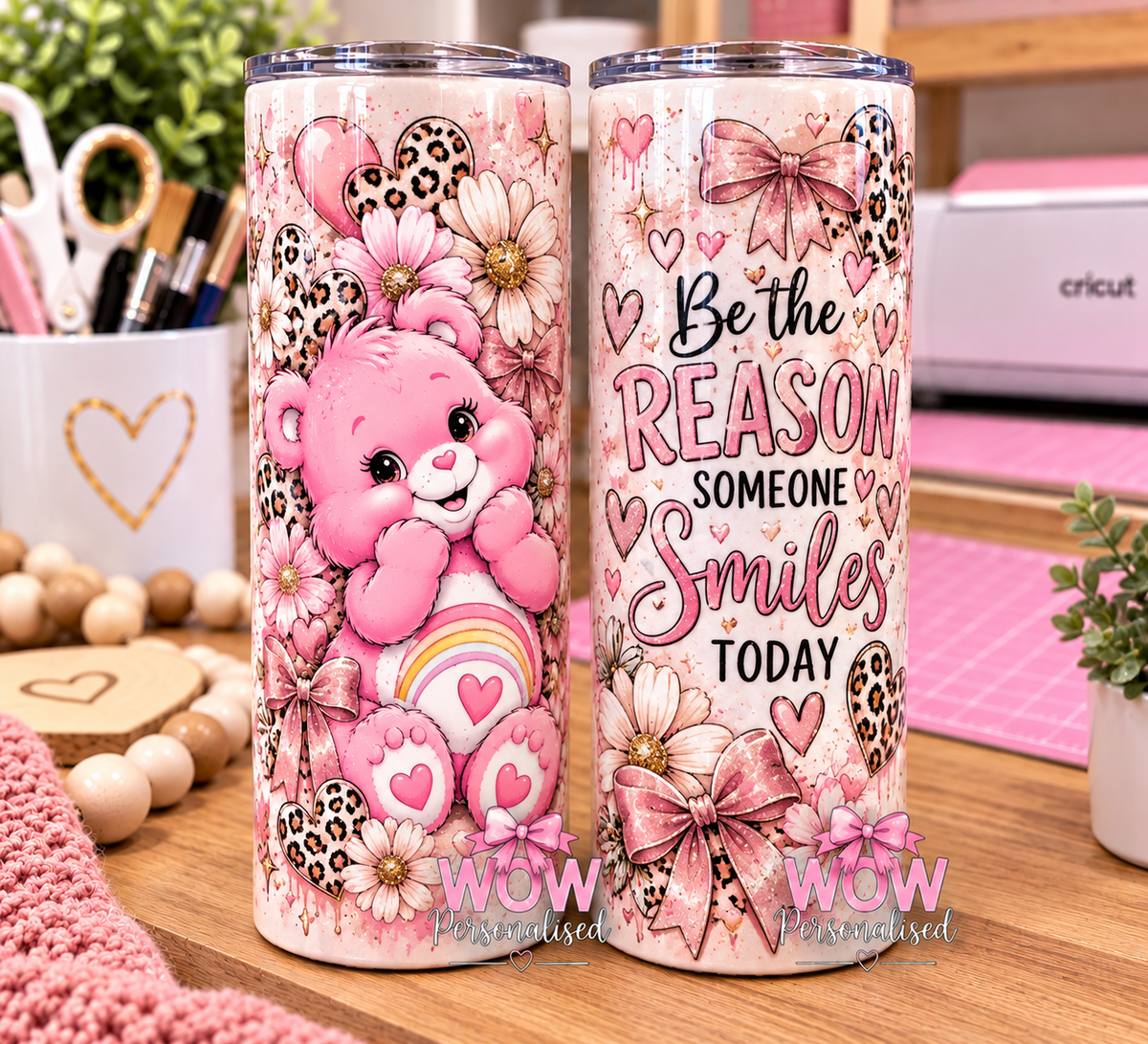 Pink Aesthetic Bear 20oz Skinny Tumbler | Leopard Print, Bows & Daisies | Cute Girly Travel Cup