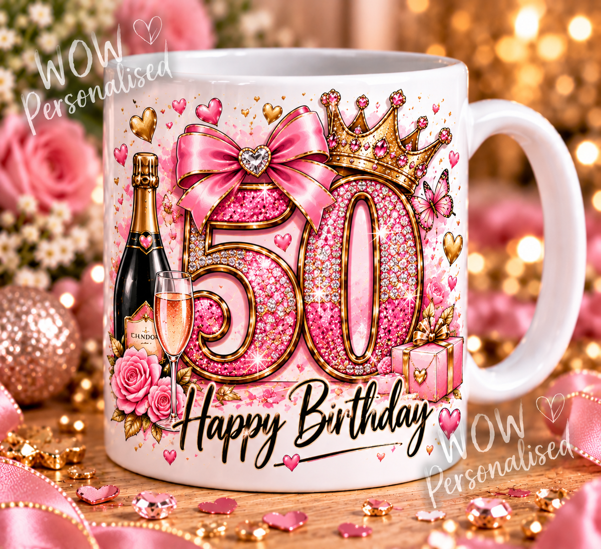 50th Birthday Mug for Her | Pink Leopard Print & Bow Design | 11oz Ceramic Cup | Fabulous 50th Birthday Gift for Women