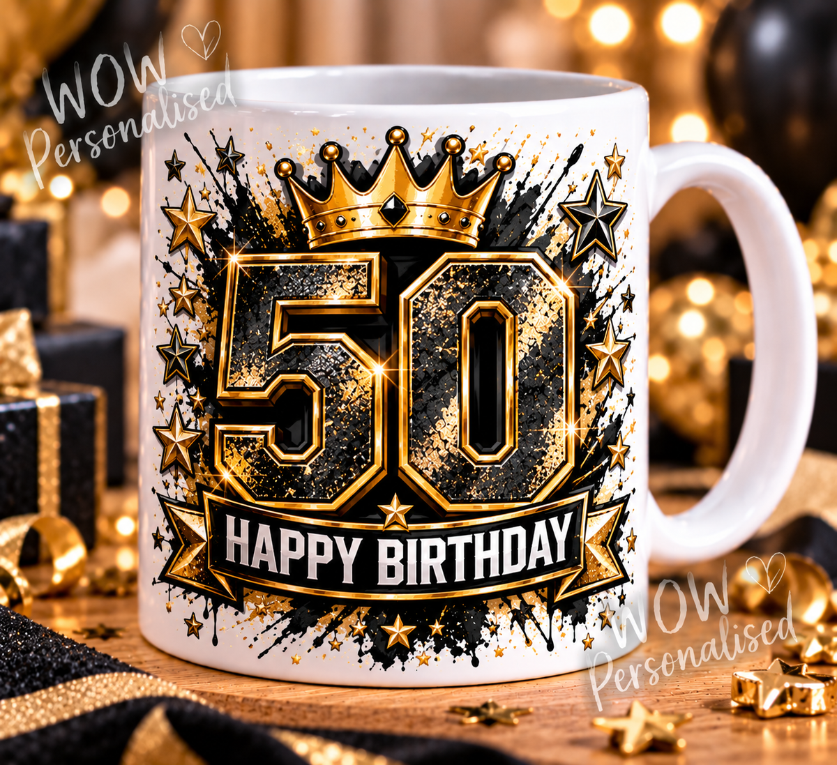 50th Birthday Mug for Him | Black & Gold Crown Design | 11oz Ceramic Cup | 50th Birthday Gift for Dad, Husband or Grandad