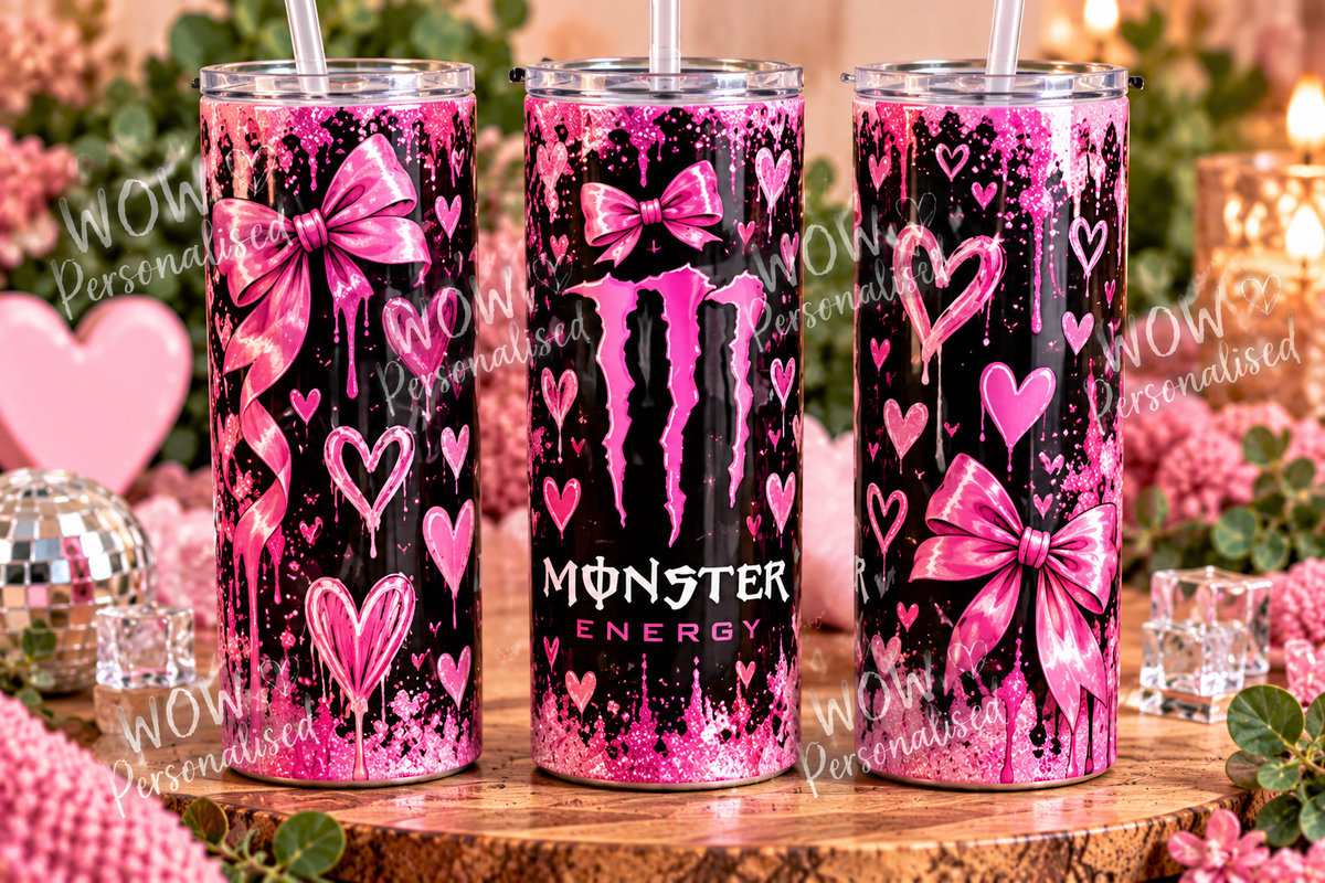 Pink Monster Energy Inspired 20oz Skinny Tumbler | Black & Pink Bow Design | Energy Drink Inspired Cup | Gift for Her