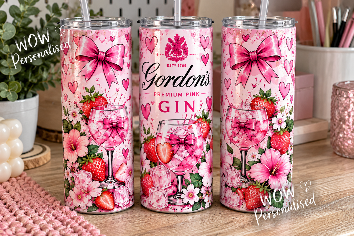 Gordon's Pink Gin Inspired 20oz Skinny Tumbler | Pink Bow & Strawberry Design | Gin Lover Gift for Her