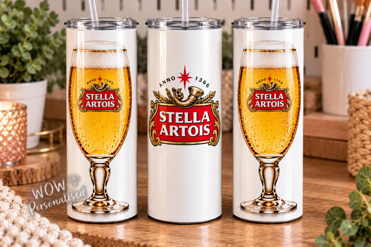 Stella Artois Inspired 20oz Skinny Tumbler | Beer Glass Design | Beer Lover Gift for Him or Her | WOW Personalised
