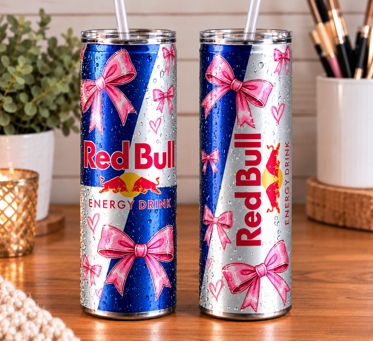 Original Red Bull Inspired 20oz Skinny Tumbler | Pink Bow Energy Drink Design | Girly Tumbler Gift