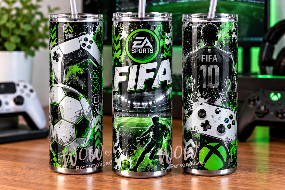 FIFA Football Gaming Inspired 20oz Skinny Tumbler | Black & Neon Green EA Sports Style Design | Gamer Gift