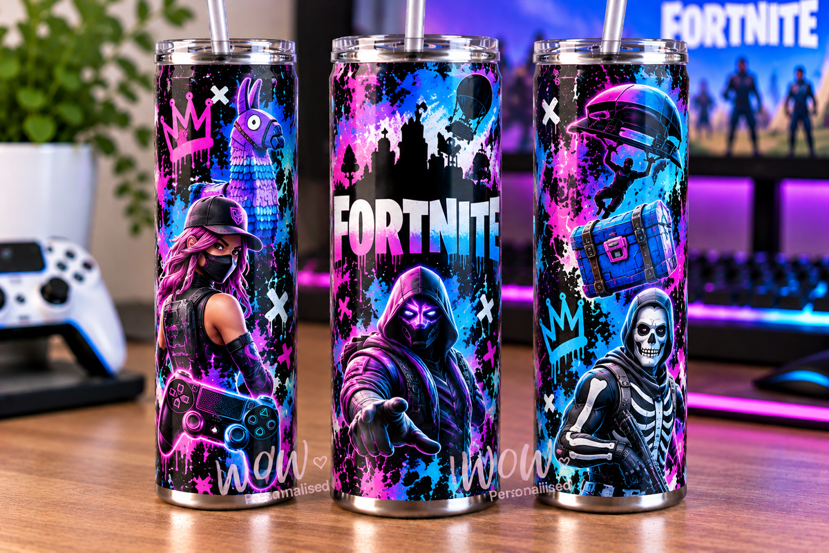 Fortnite Inspired 20oz Skinny Tumbler | Pink, Purple & Blue Battle Royale Gaming Design | Gamer Gift