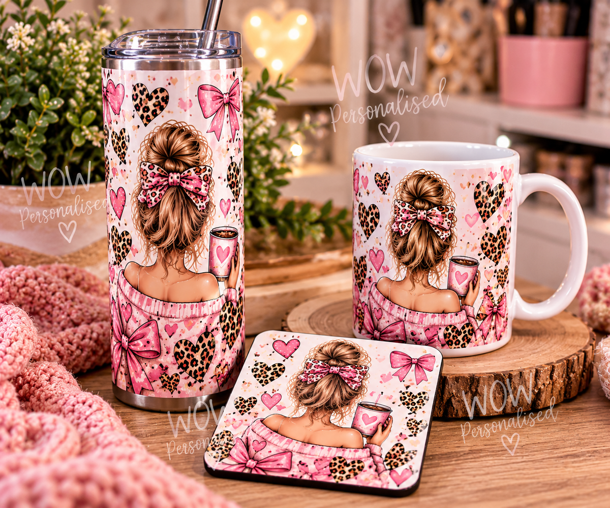 Matching Tumbler, Mug & Coaster Gift Set | Pink Bow & Leopard Print