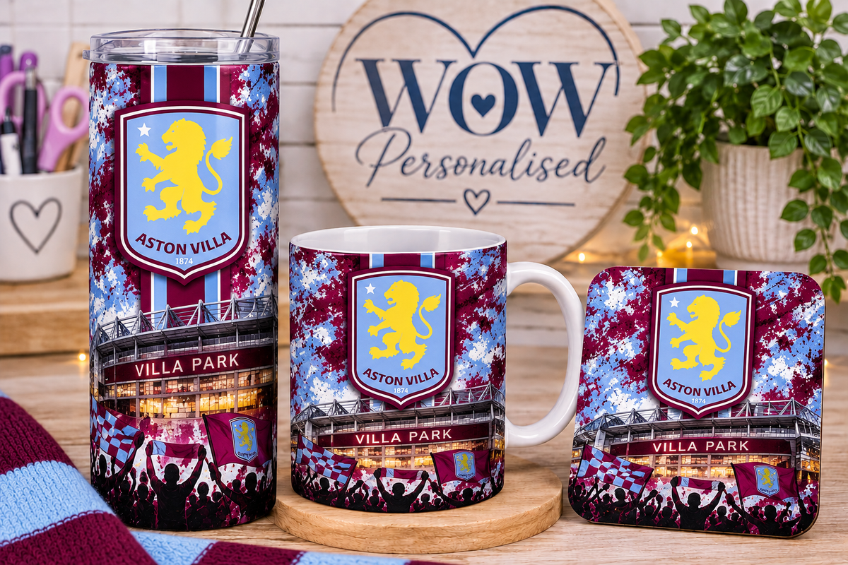 Aston Villa FC Football Gift Set | 20oz Skinny Tumbler, Mug & Coaster | Villa Fan Gifts