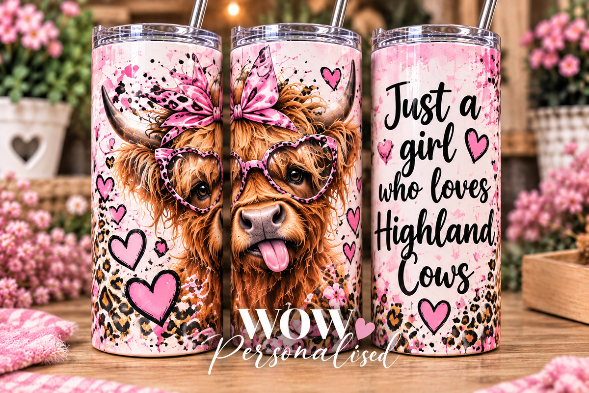 Highland Cow 20oz Skinny Tumbler | Just a Girl Who Loves Highland Cows | Pink Leopard Print