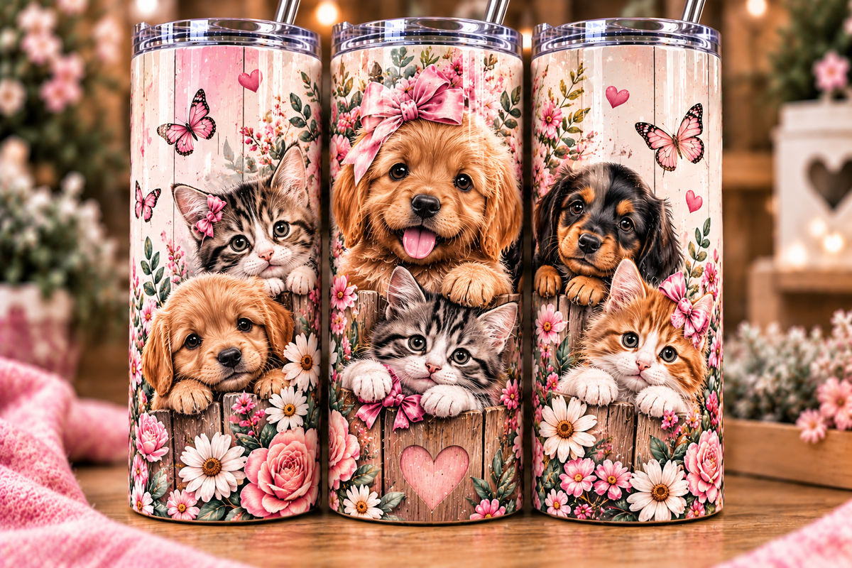 Cute Puppies & Kittens 20oz Skinny Tumbler | Floral Dog & Cat Cup with Straw