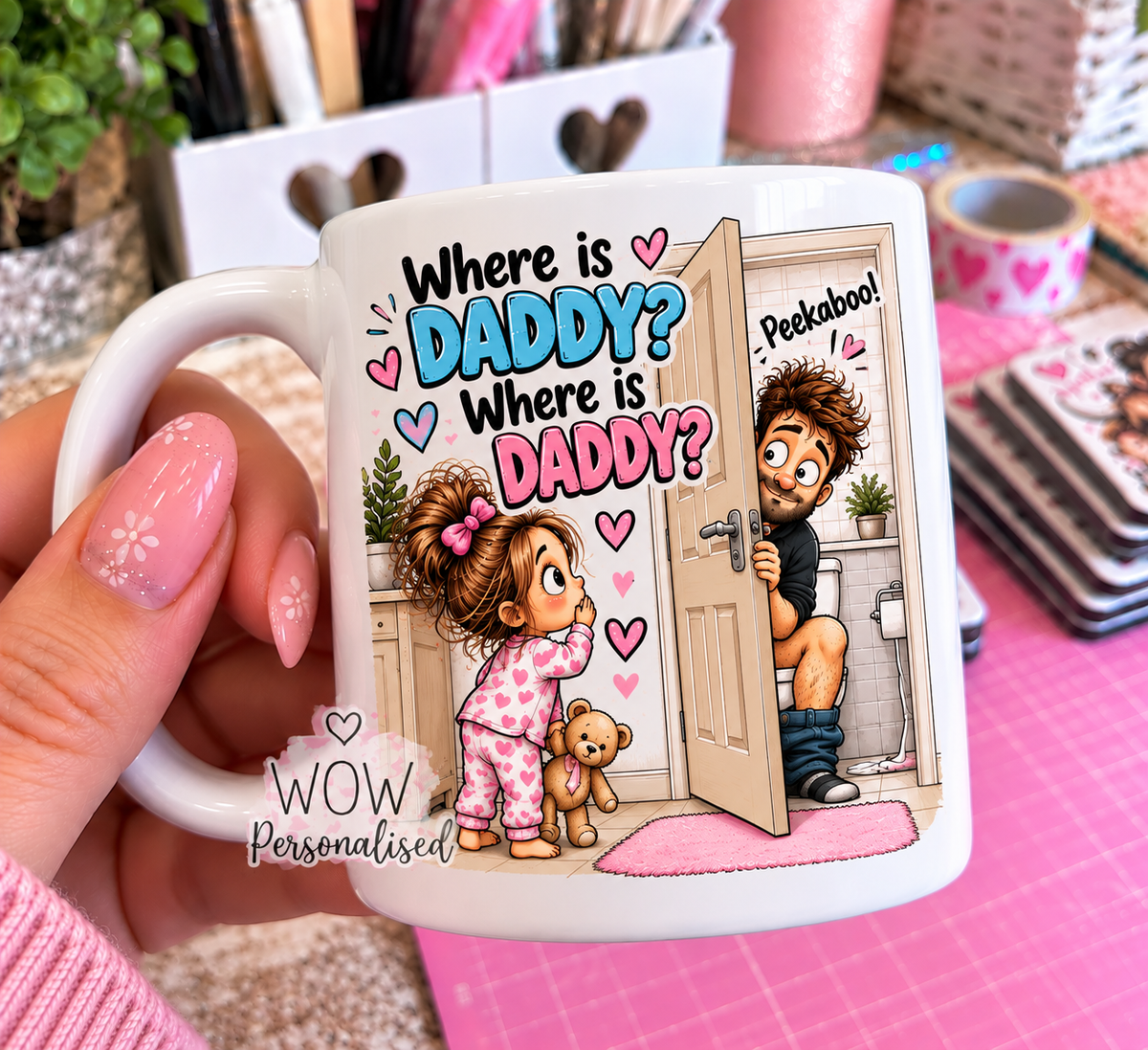 Where Is Daddy? Peekaboo Funny Dad Mug | Little Girl & Daddy Toilet Humour | Funny Father’s Day Gift | 11oz White Mug