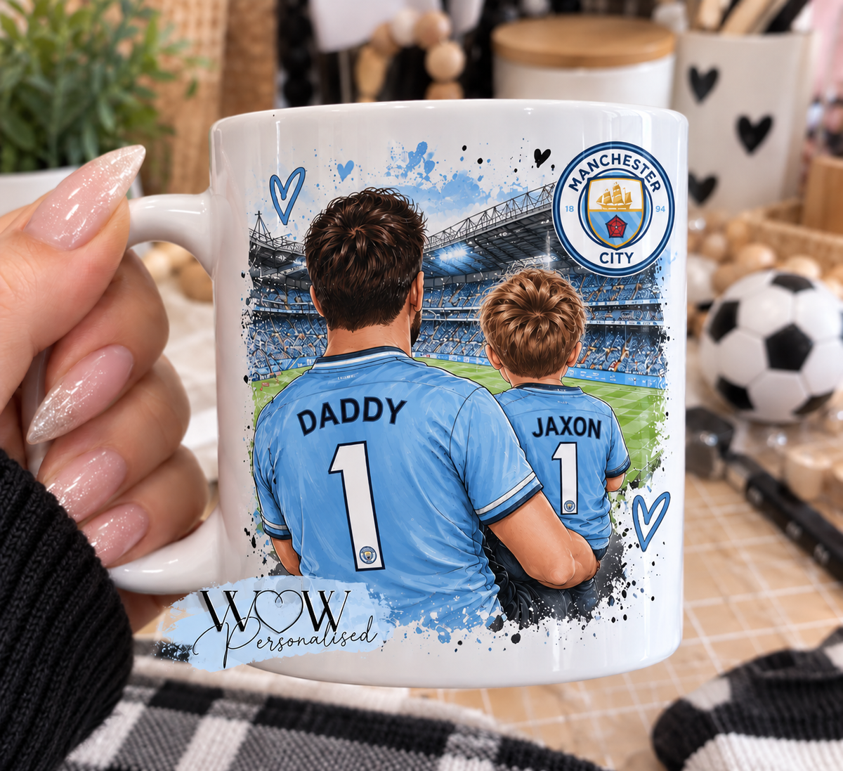 Personalised Manchester City Inspired Daddy & Child Mug | Football Dad Gift | Son or Daughter | Custom Name 11oz Mug