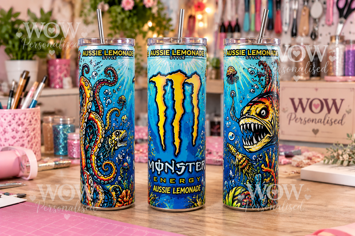 Monster Energy Aussie Lemonade Inspired 20oz Skinny Tumbler | Blue Energy Drink Cup with Straw