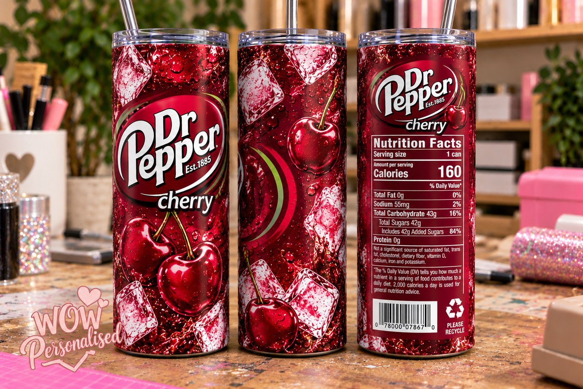 Dr Pepper Cherry Inspired 20oz Skinny Tumbler | Cherry Red Fizzy Drink Design