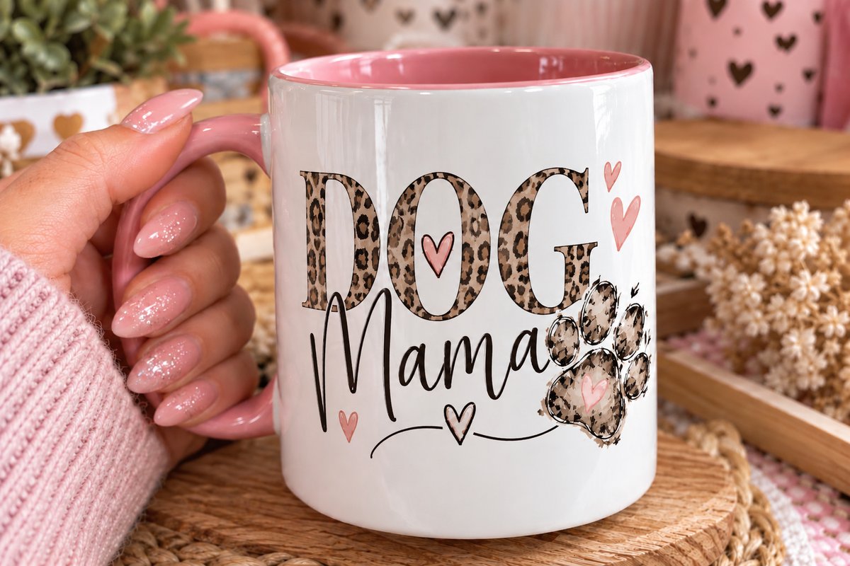 Leopard Print Dog Mama Mug – Pink Handle Dog Mum Coffee Cup | Cute Paw Print Gift