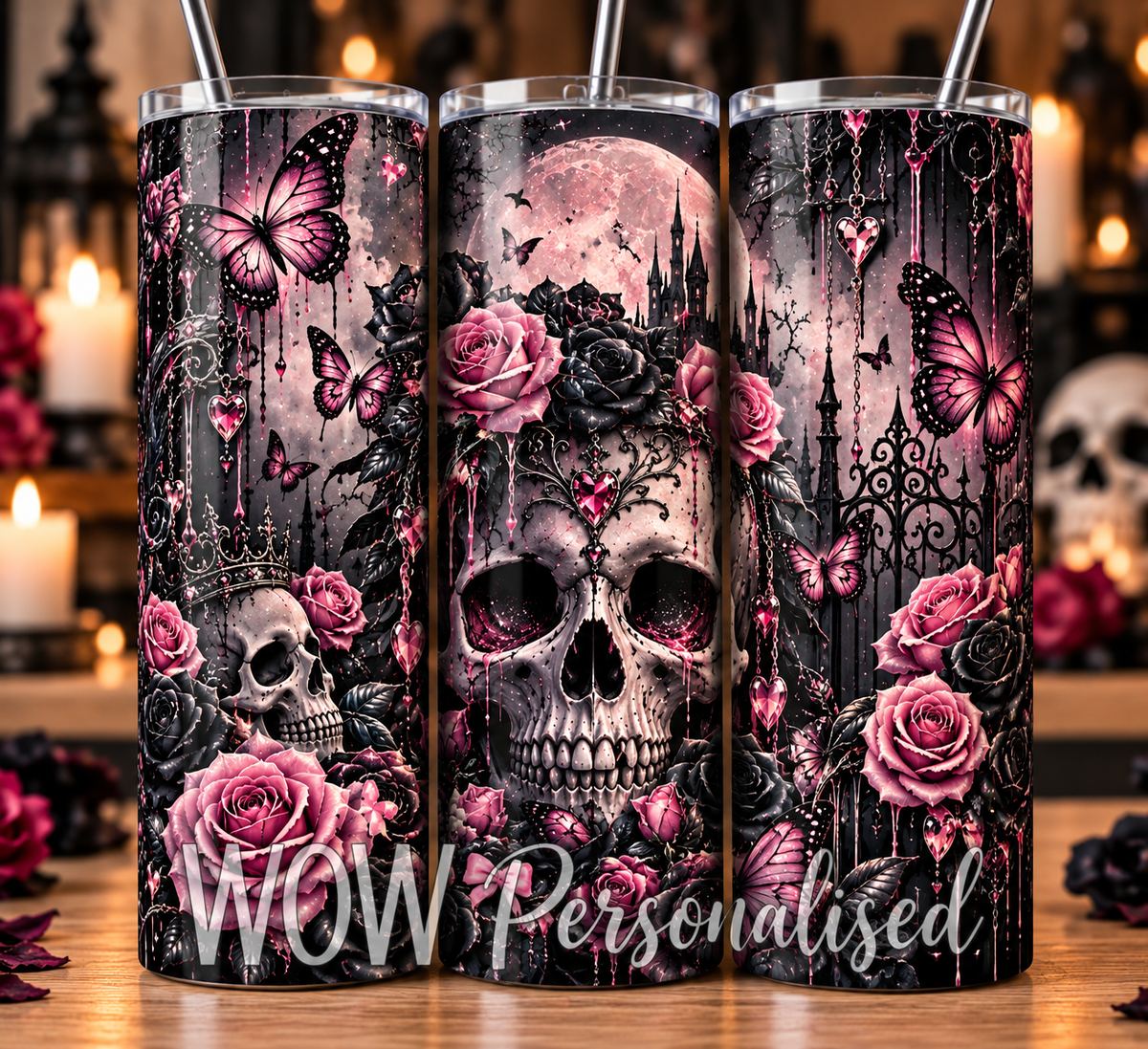 Gothic Skull & Pink Moon 20oz Skinny Tumbler | Roses & Butterflies