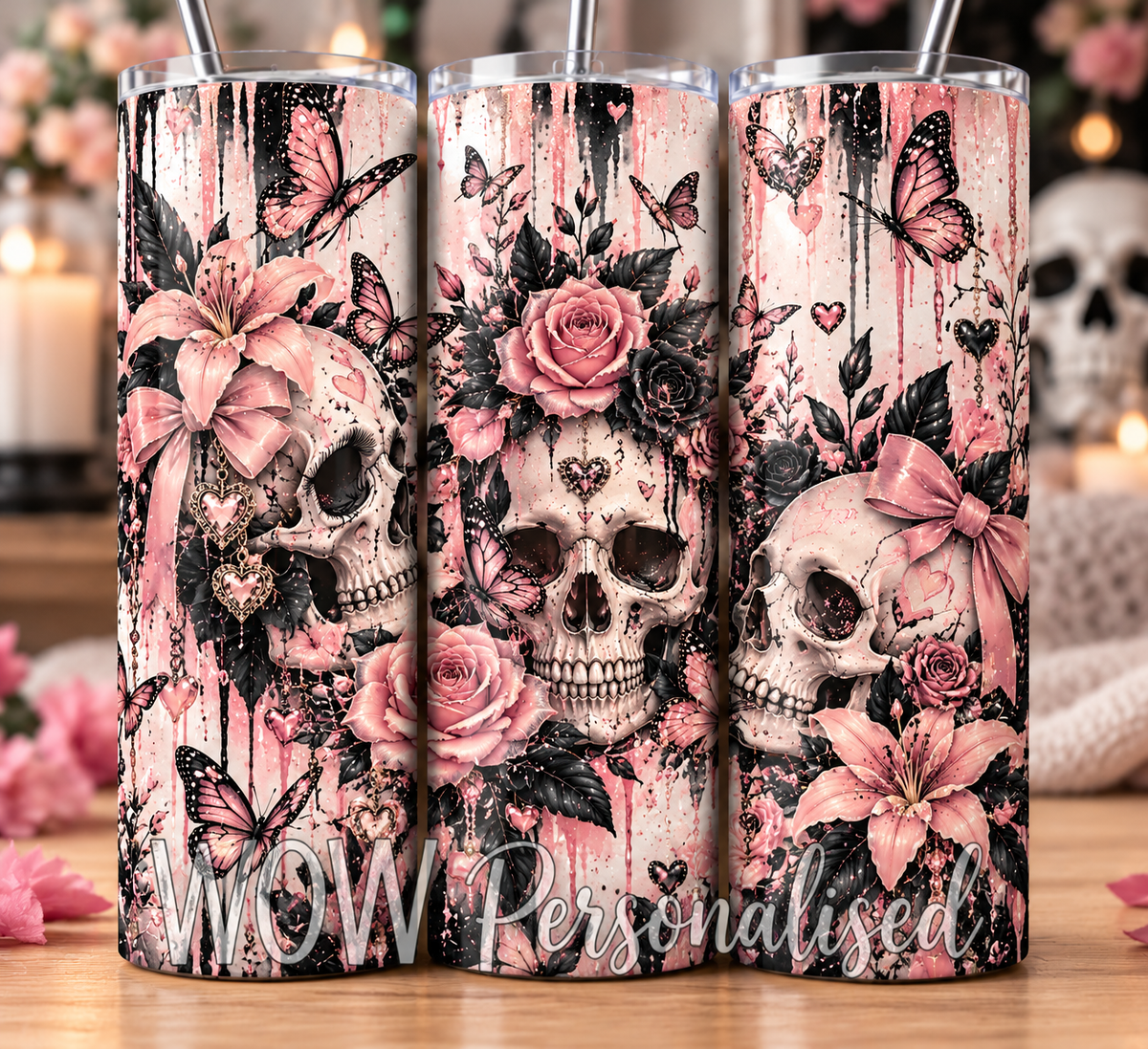 Pink Gothic Skull 20oz Skinny Tumbler | Floral Skulls & Butterflies