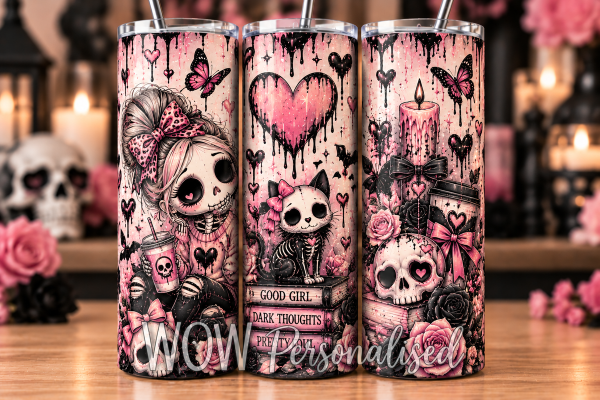 Cute Goth Girl & Skeleton Cat 20oz Skinny Tumbler | Pink Gothic
