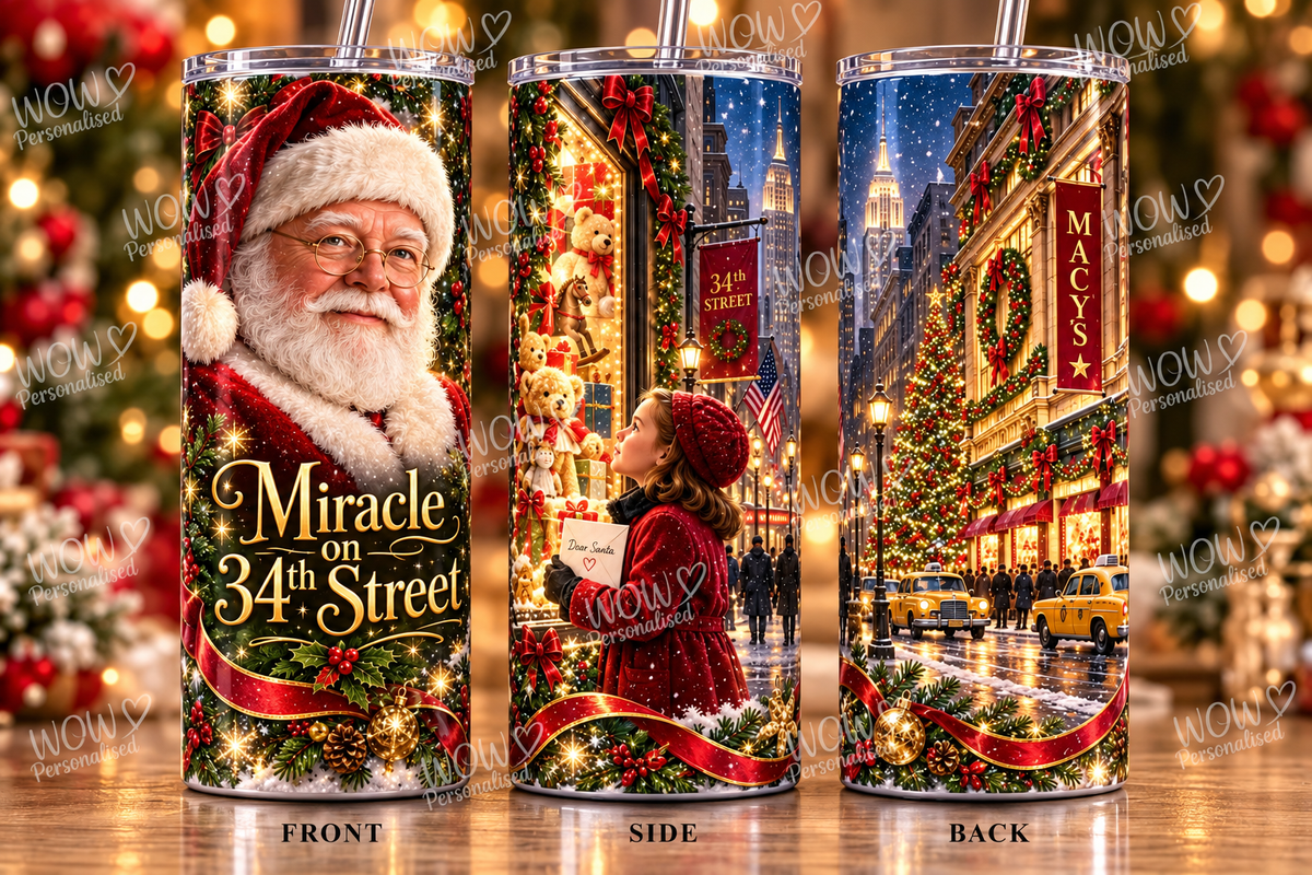 Miracle on 34th Street Inspired Christmas 20oz Skinny Tumbler | Santa Claus Festive Travel Cup | Christmas Gift