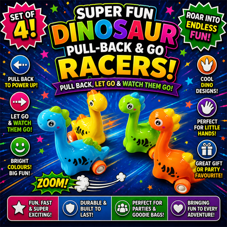 Round Pull Back Racers Dinosaur Pull Back And Go Deluxe Racers x 4 – Pixie Magic & co