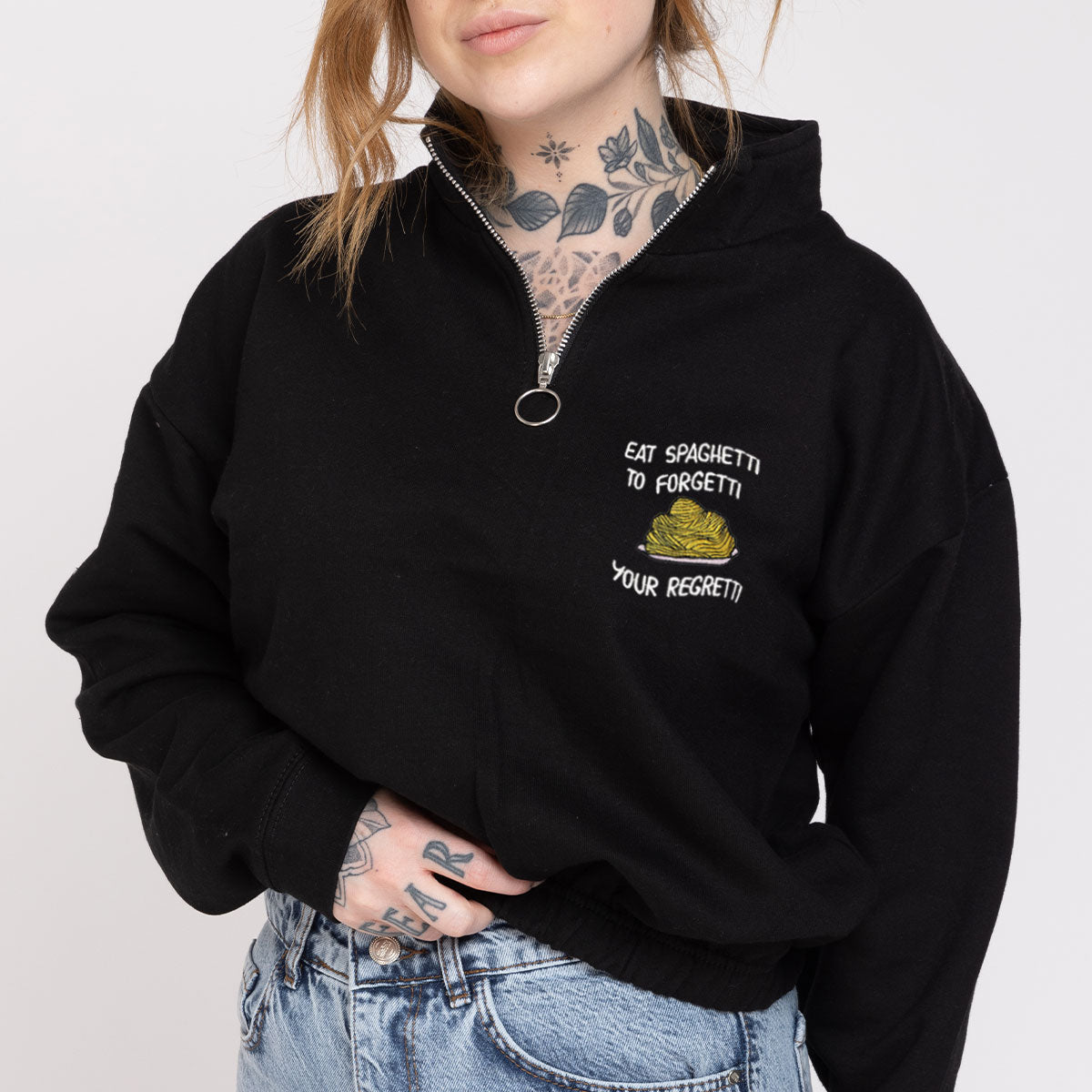 Eat Spaghetti Embroidered 1/4 Zip Crop Sweatshirt