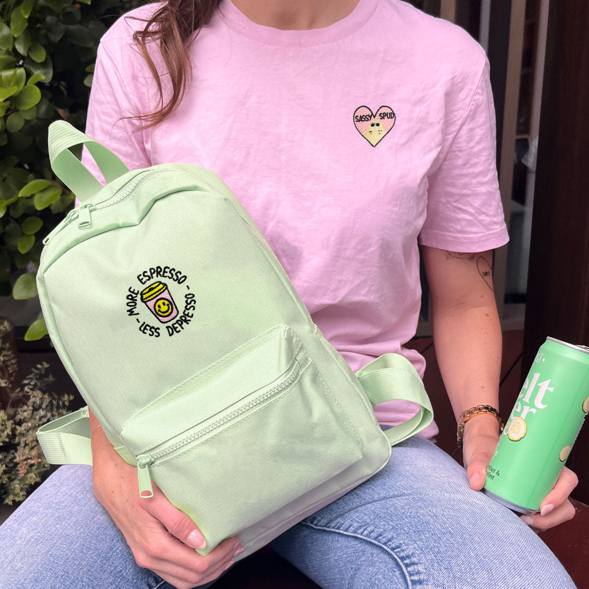 More Espresso Less Depresso Embroidered Mini Backpack