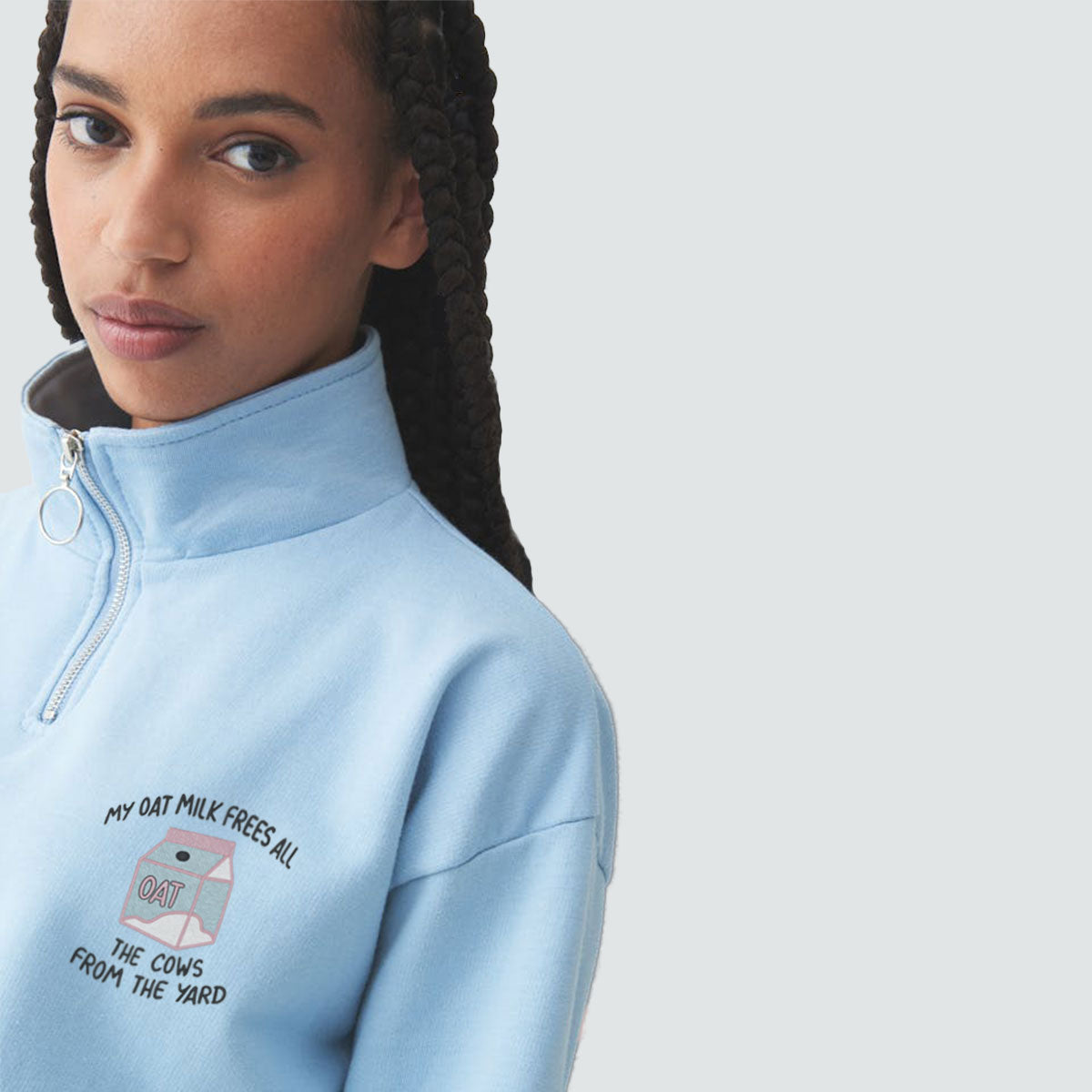 My Oat Milk Frees All The Cows From The Yard Embroidered 1/4 Zip Crop Sweatshirt